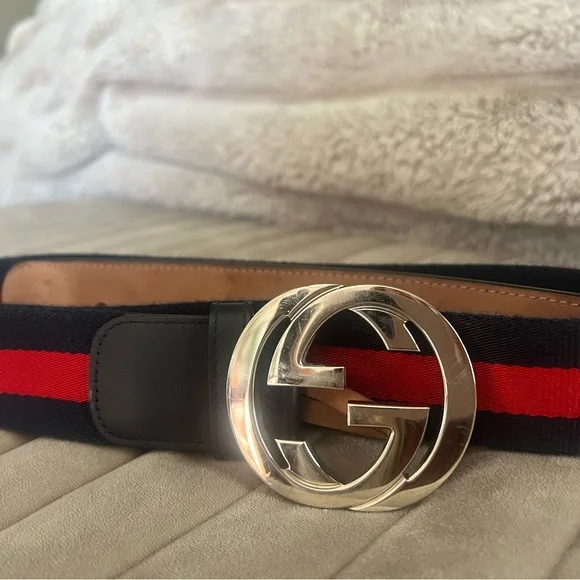 Gucci Navy and Red Belt with Iconic Interlocking G Buckle - Picture 1 of 6
